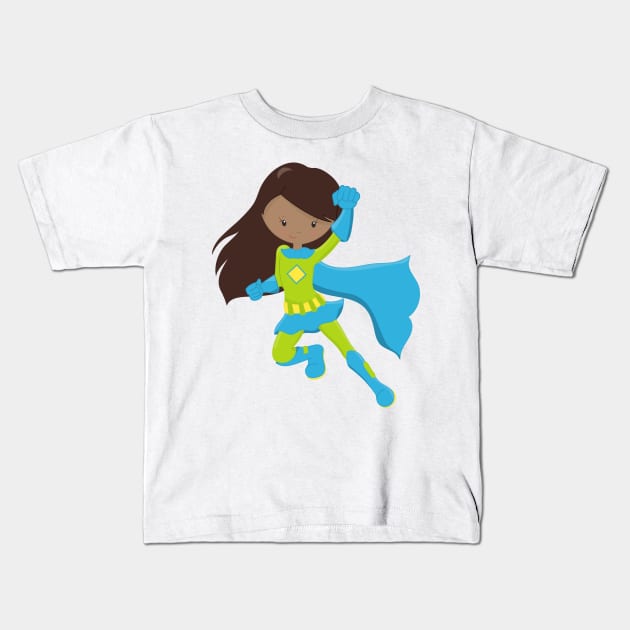 African American Girl, Superhero Girl, Blue Cape Kids T-Shirt by Jelena Dunčević